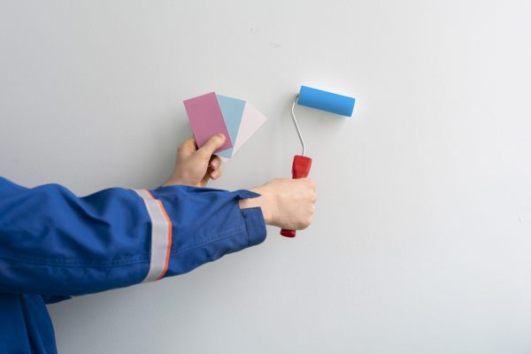 male worker holding roller and color swatch samples to paint the wall in the room